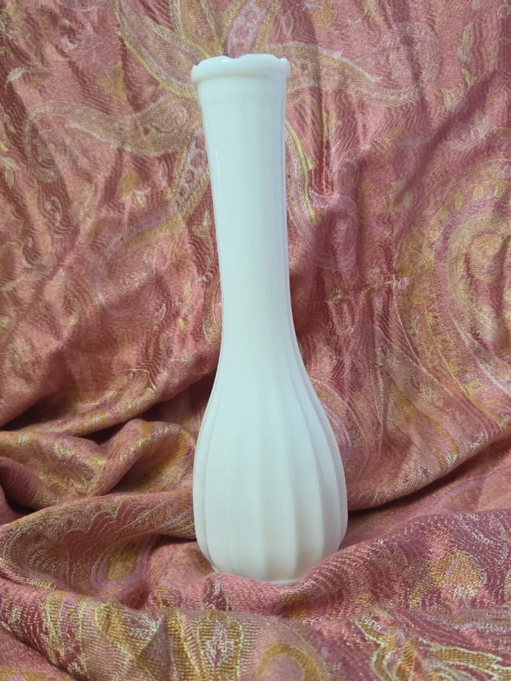 Vintage CLG Milk Glass Bud Vase Ribbed Fluted Bulbous Base Opaque White Floral
